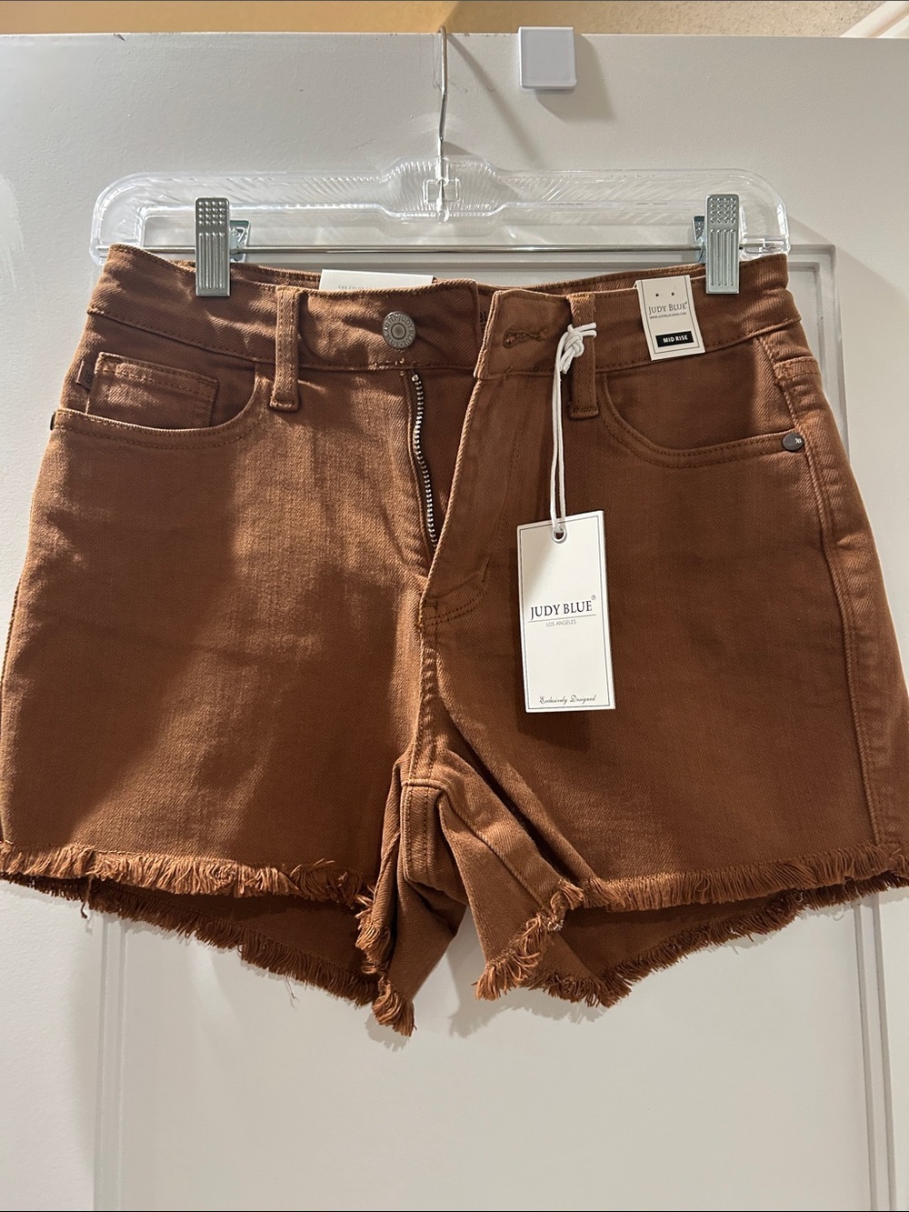 Judy Blue Brown Mid Rise Frayed Hem Denim Shorts